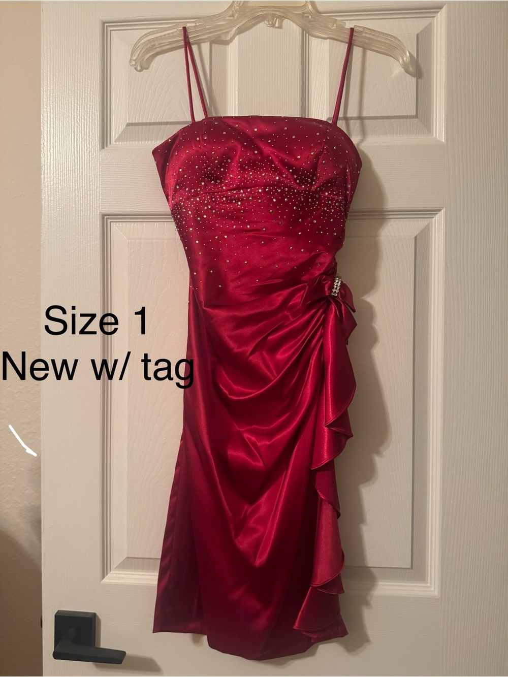 Strapless Red Satin Evening Dress with Ruching and Rhinestones